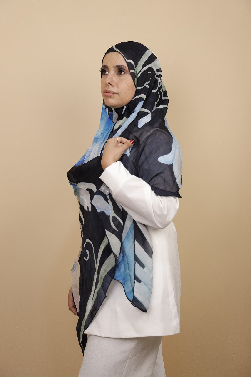 Premium Light Silk Hijab – Bird Navy