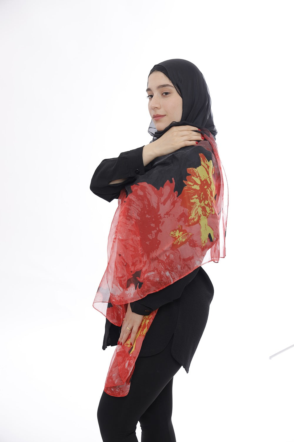 Premium Chiffon Hijab – Floral Red