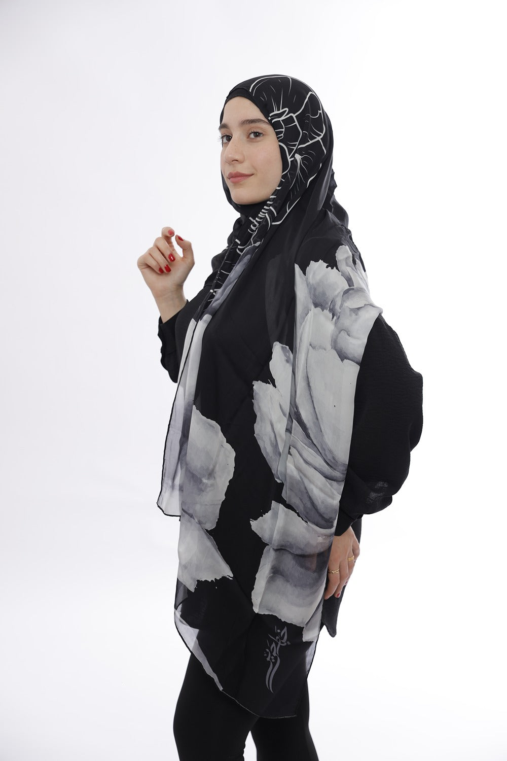 Premium Light Silk Hijab – Grey Blossom