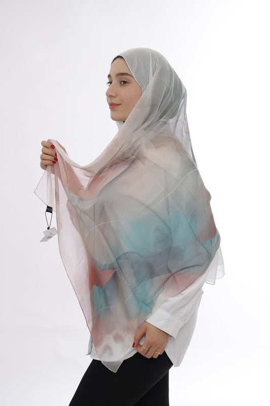 Premium Silk Hijab – White Rainbow