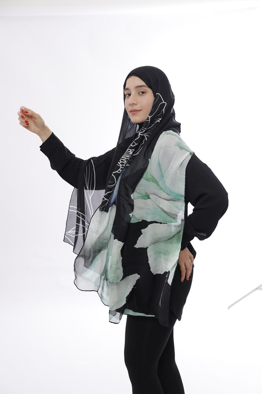 Premium Light Silk Hijab –  Green Blossom
