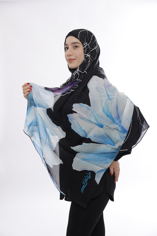 Premium Light Silk Hijab –  Floral Blue